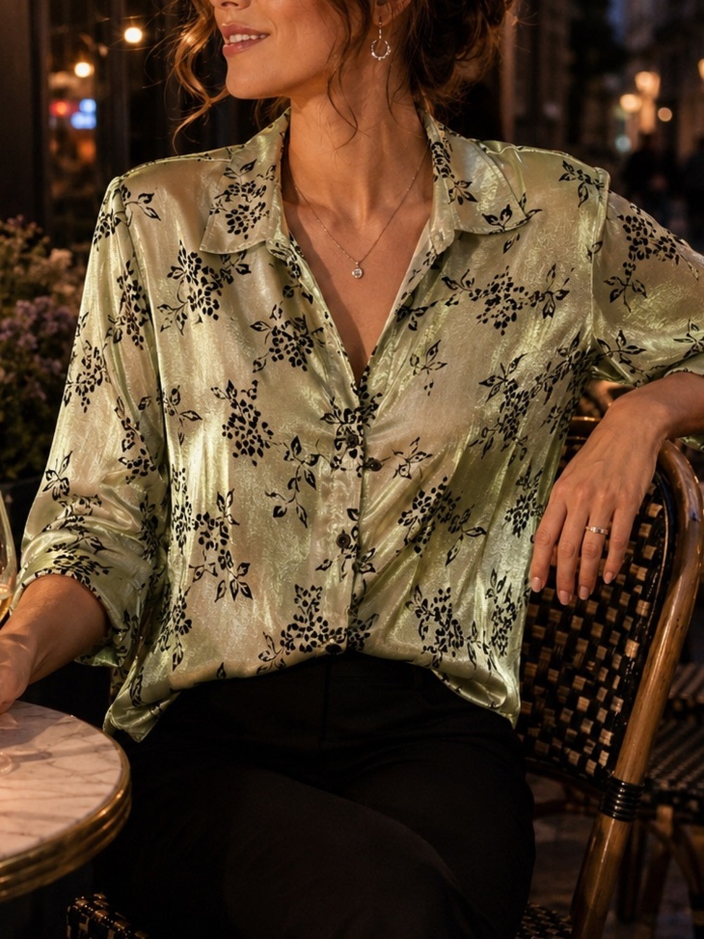 Elementz Shimmer Floral Velvet Burnout Button Front Blouse Long Sleeve